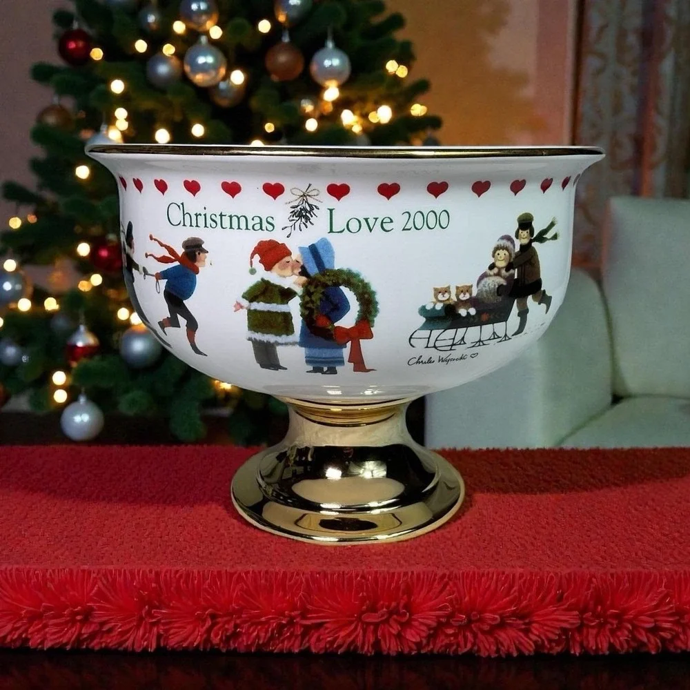 Charles Wysocki Christmas Love 2000 Pedestal Compote Bowl Teleflora Holiday VTG